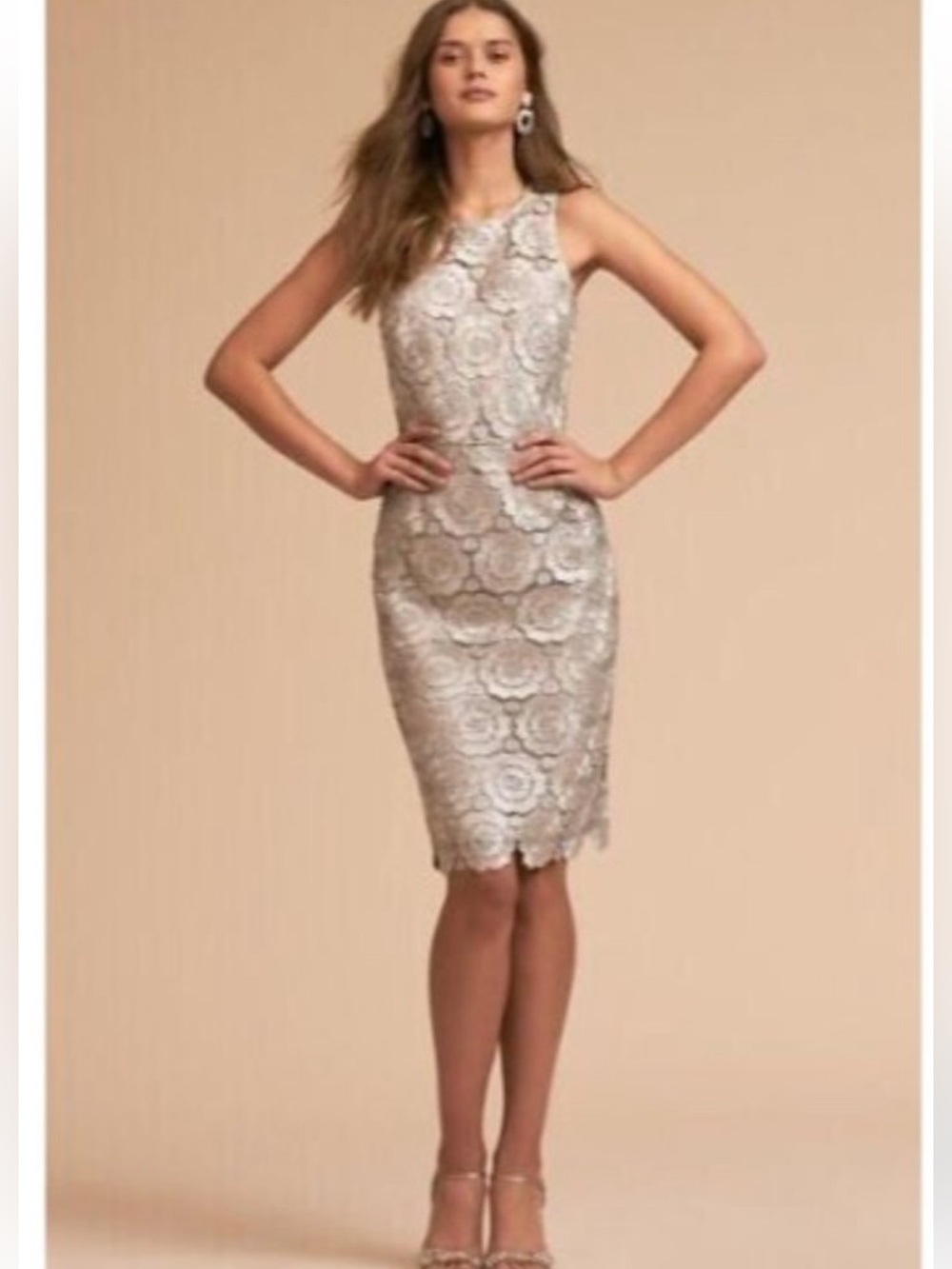 Anthropologie BHLDN Dress Silver Emmeline Metallic Lace Midi Cocktail Sz 8